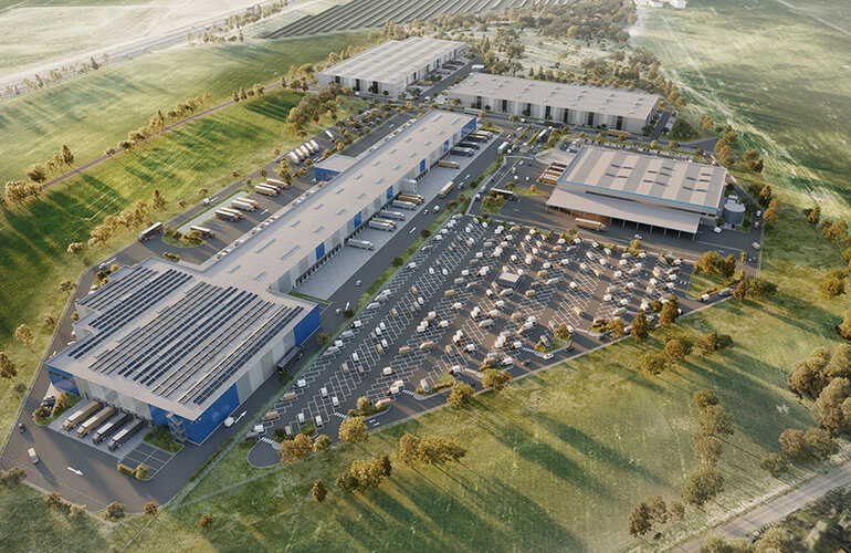 Konzept Artwork von dem neuen Rieck Gebäude von oben. von Süd.