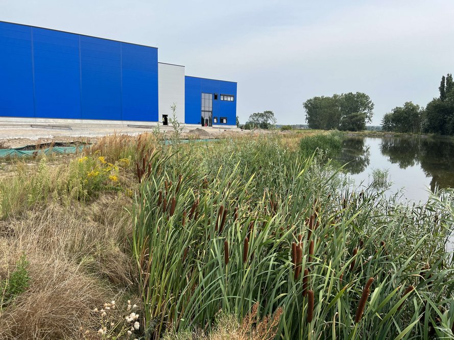The Rieck Logistik building from the side but with a river