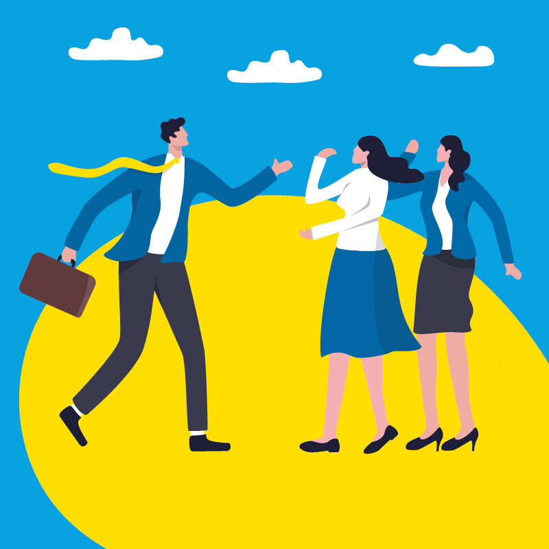 Ein animiertes Bild mit 3 Personen auf blau, gelben Hintergrund.