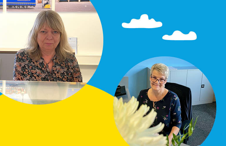 Zwei Frauen als Portrait auf blauem, gelbem Hintergrund