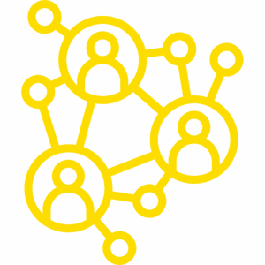 Netzwerk von verbundenen Personen als Symbole auf gelbem Hintergrund.