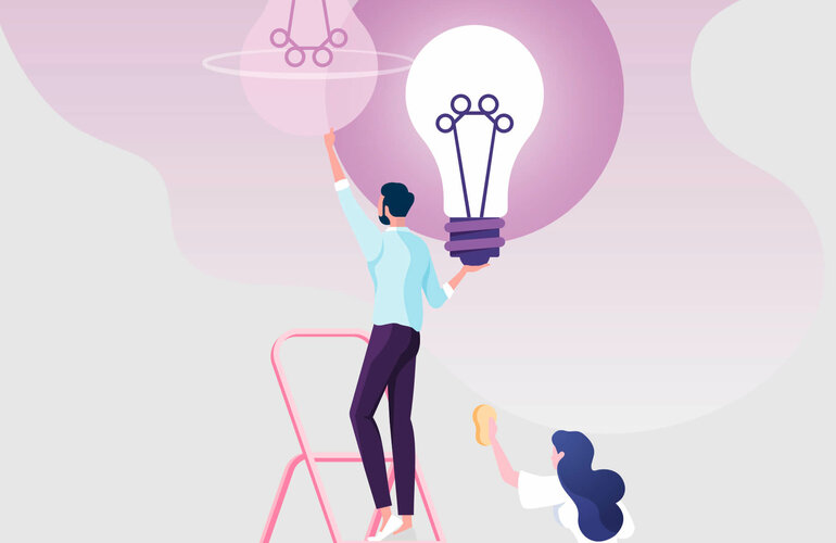 Ein animiertes Bild mit einem Mann auf einer Leiter, der eine Glühbirne wechselt.