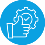 Thumbs up in front of cogwheel with tick on blue background