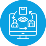 Computer screen with symbols for person, package, warehouse and eye, connected by arrows, on a blue background.