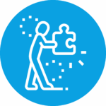 Human figure holding a puzzle piece in front of a blue background.