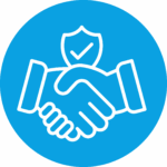 Two hands shake hands in front of a sign with a tick, symbolizing trust or security.