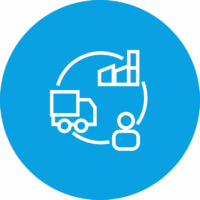 Symbol für Logistik und Lieferkette mit LKW, Person und Lagerhaus auf blauem Hintergrund