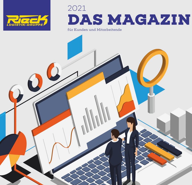 Zwei Geschäftsleute betrachten Diagramme und Grafiken auf einem großen Laptopbildschirm, umgeben von Büro- und Analysewerkzeugen.