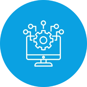 Computerbildschirm mit Zahnrad und Verbindungslinien, Symbol für Technologie oder IT.