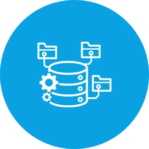 Datenbank mit verbundenen Ordnern und Zahnrädern auf blauem Hintergrund.