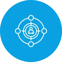 Person im Zentrum eines vernetzten Kreissystems auf blauem Hintergrund