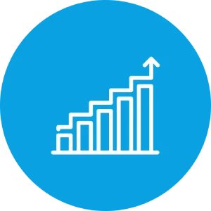 Aufsteigende Balkendiagramm mit Pfeil nach oben auf blauem Hintergrund.
