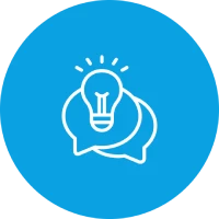 Two speech bubbles with a glowing light bulb inside on a blue background.