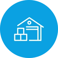 Warehouse with a stack of cardboard boxes on a blue background.