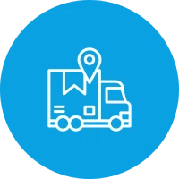 Truck with location pin on blue background.