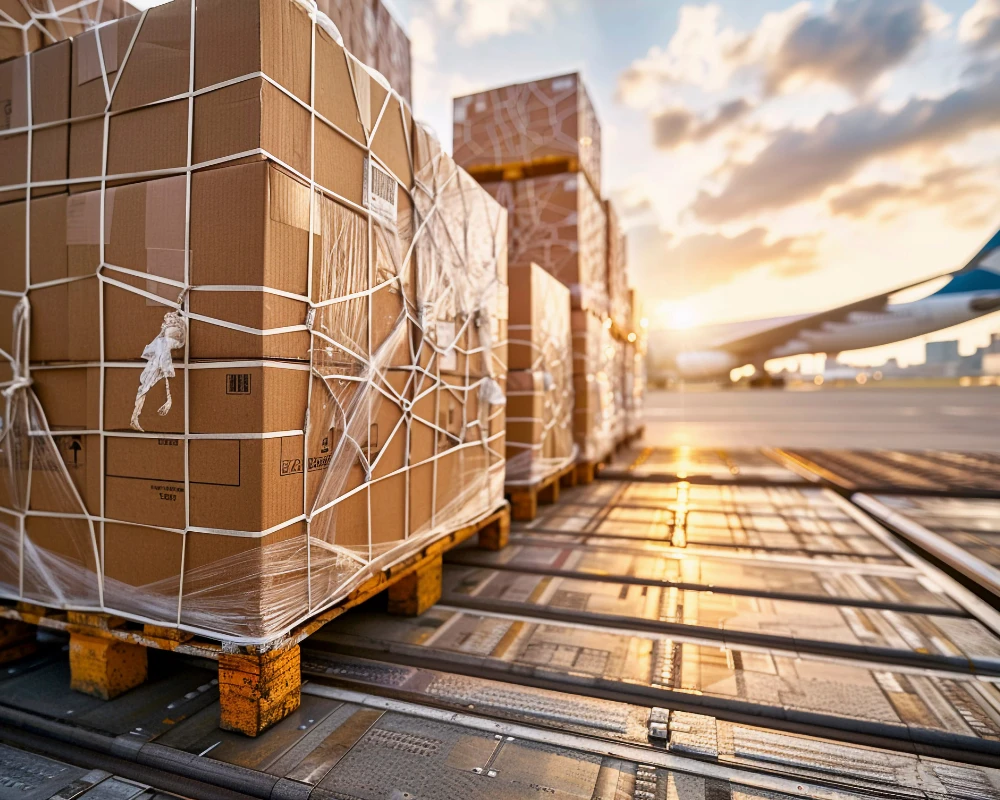 Packed cartons on pallets at the airport with an airplane in the background at sunset.