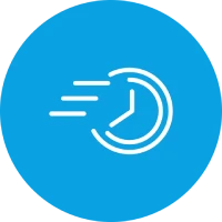 Clock with movement lines on a blue background, symbol for speed or time.