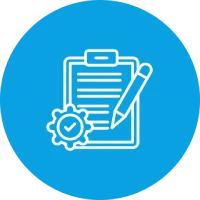 Clipboard with checklist, pen and cogwheel symbol on a blue background