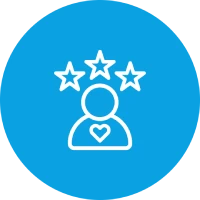 Person with heart symbol and three stars above the head on a blue background