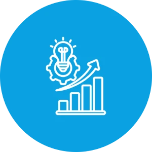 Steigende Balkendiagramm mit Glühbirne und Zahnrad als Symbol für Wachstum und Innovation.