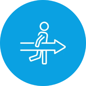 Symbol einer Person, die einem Pfeil nach rechts folgt, auf blauem Hintergrund.