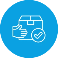 Hand holding package with tick symbol on blue background.