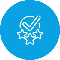 Blue symbol with three stars and a tick above it.