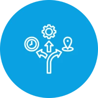 Three arrows pointing in different directions, surrounded by symbols for time, cogwheel and location marker on a blue background.