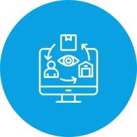 Computerbildschirm mit Symbolen für Benutzer, Paket, Haus und Auge, verbunden durch Pfeile, auf blauem Hintergrund.