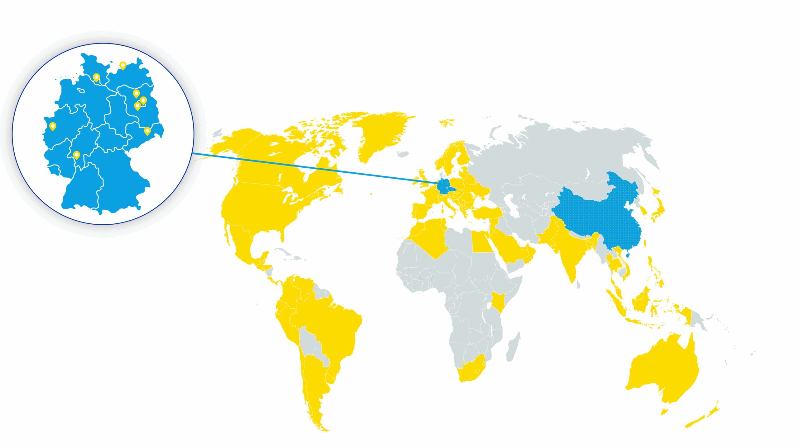 Weltkarte mit Ländern in Gelb und Blau, Deutschland hervorgehoben und vergrößert dargestellt.