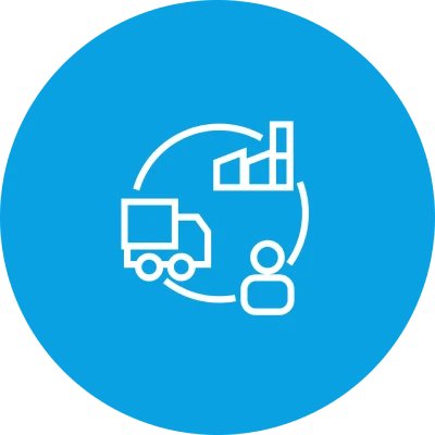 Symbol für Lieferkette mit LKW, Person und Diagramm auf blauem Hintergrund