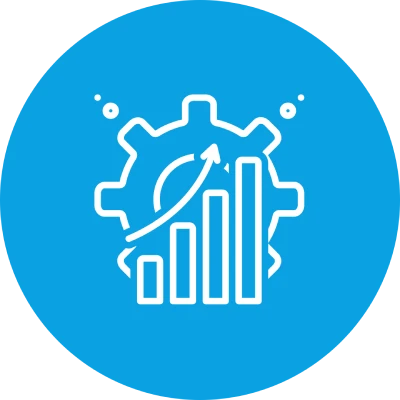 Symbol für Wachstum und Effizienz mit Zahnrad und aufsteigendem Balkendiagramm auf blauem Hintergrund