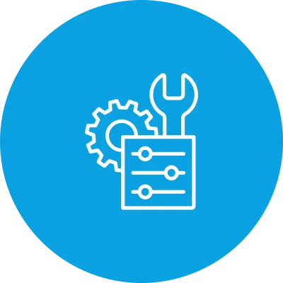 Symbol für Einstellungen mit Zahnrad, Schraubenschlüssel und Reglern auf blauem Hintergrund