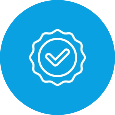 Blaues Symbol mit weißem Abzeichen und Häkchen in der Mitte.