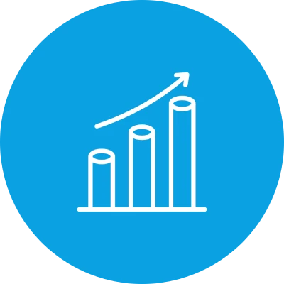 Drei Balken mit aufsteigendem Pfeil auf blauem Hintergrund.
