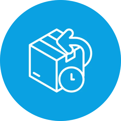 Symbol für Rücksendung oder Rückgabe eines Pakets mit Uhrzeitangabe auf blauem Hintergrund