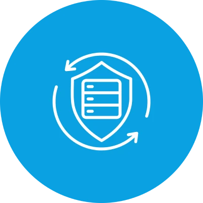 Blaues Symbol mit Schild, Server und zwei Pfeilen, die einen Kreis bilden.