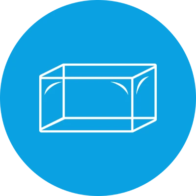 Weißes 3D-Rechteck auf blauem Kreis-Hintergrund.