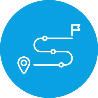 Symbol einer Route mit Startpunkt, Zwischenstationen und Zielmarkierung auf blauem Hintergrund.