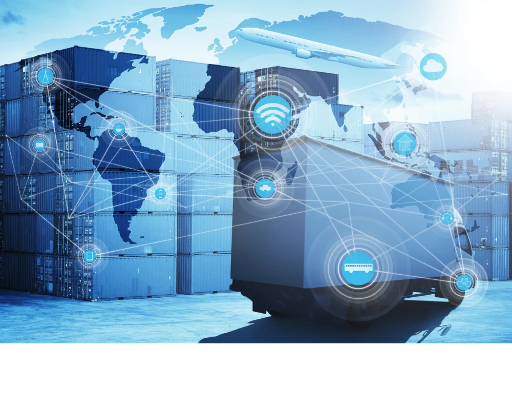 Autonomer Lagerroboter vor Containern mit digitaler Weltkarte und Vernetzungssymbolen.