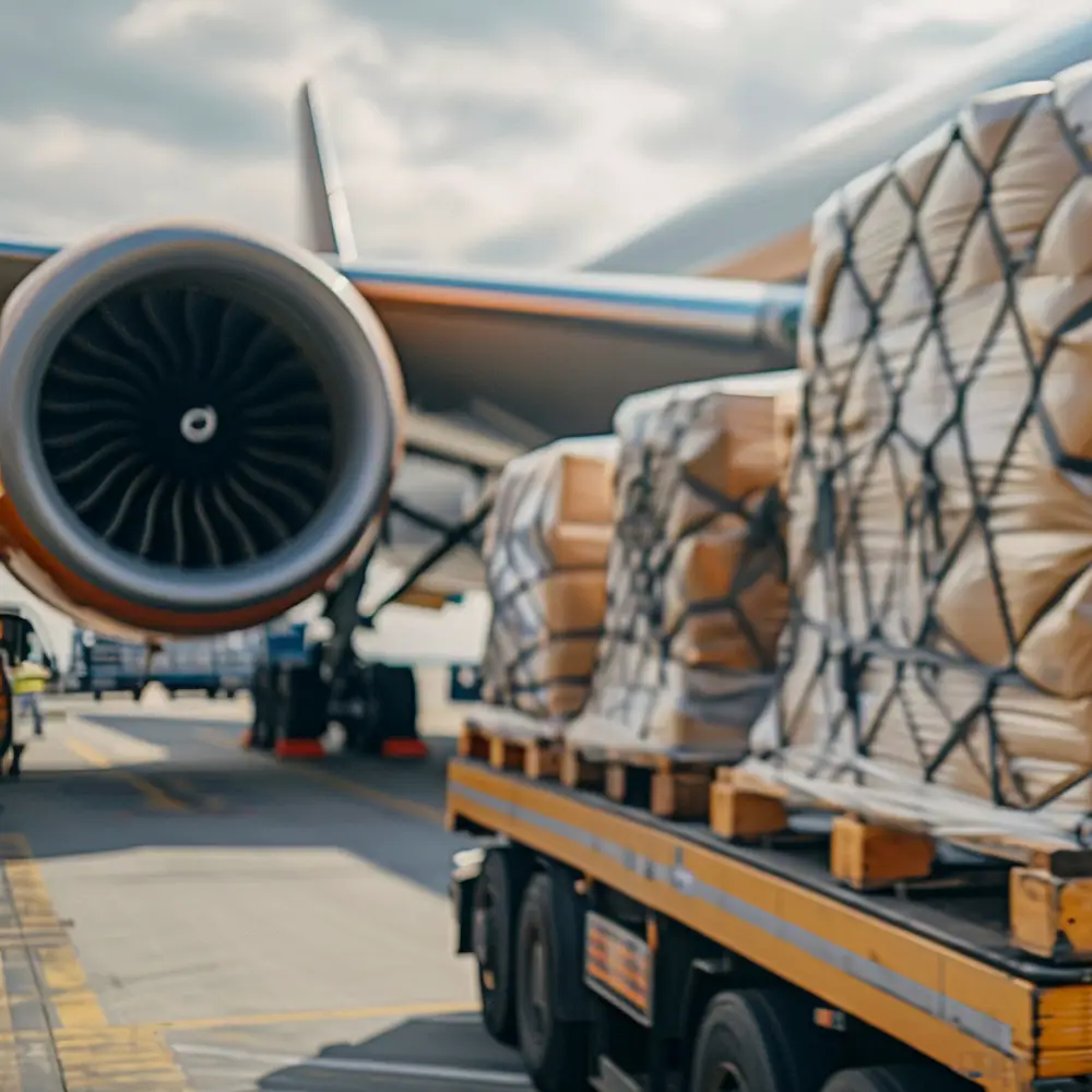 Cargo pallets on a transport vehicle in front of an aircraft engine at the airport.