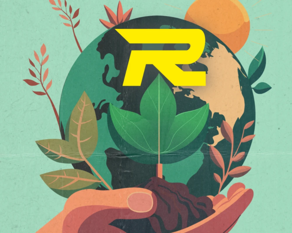 Hand hält Erde mit Pflanzen und gelbem Buchstaben R darüber, symbolisiert Umweltschutz.