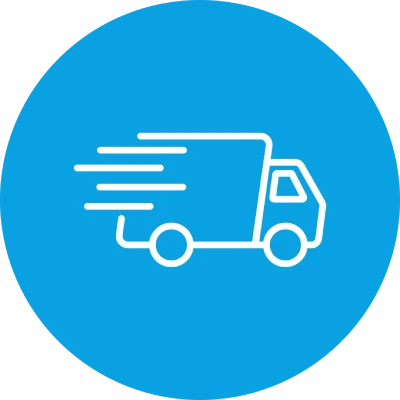 Schnelllieferungs-Icon mit stilisiertem Lieferwagen auf blauem Hintergrund.