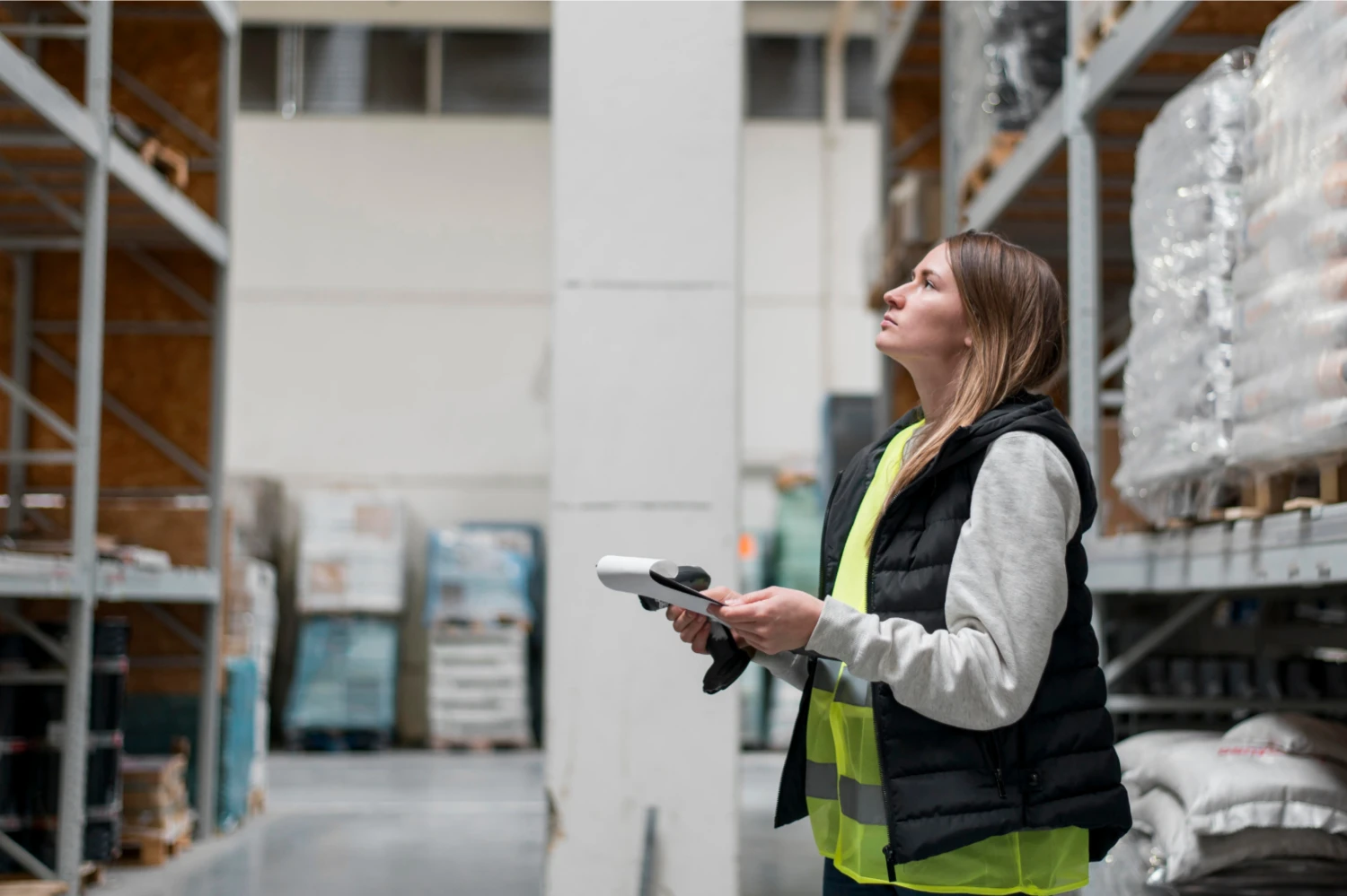 Frau mit Scanner in Lagerhalle überprüft Regale.