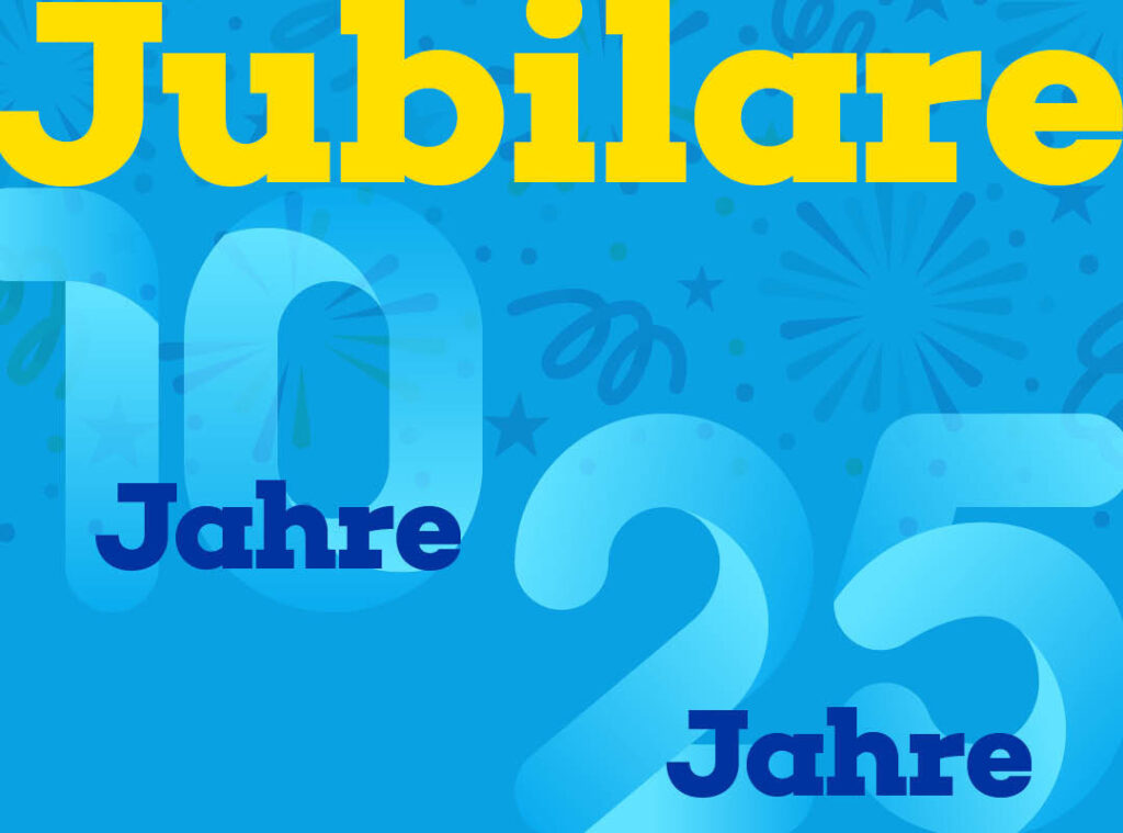 A colorful graphic featuring the words “Anniversaries,” “10 Years,” and “25 Years” on a blue background with fireworks motifs.