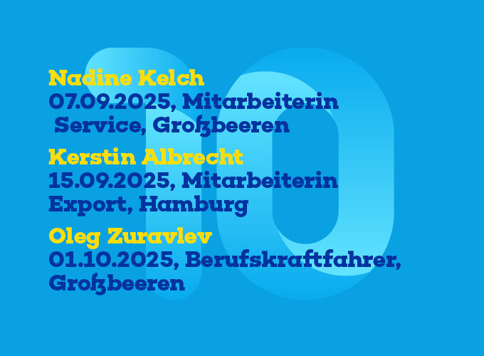 Liste mit drei Namen, Daten, Berufen und Arbeitsorten auf blauem Hintergrund.