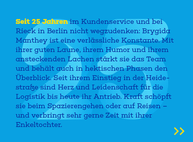 Text über Brygida Manthey, die seit 25 Jahren im Kundenservice und bei Heckmann in Berlin arbeitet, ihre Zuverlässigkeit, Leidenschaft für Logistik und persönliche Vorlieben.