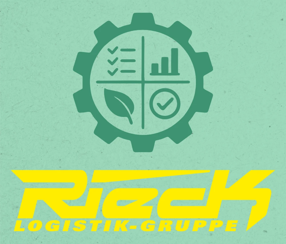 Logo der Rieck Logistik-Gruppe mit Zahnrad und Symbolen für Nachhaltigkeit und Effizienz.