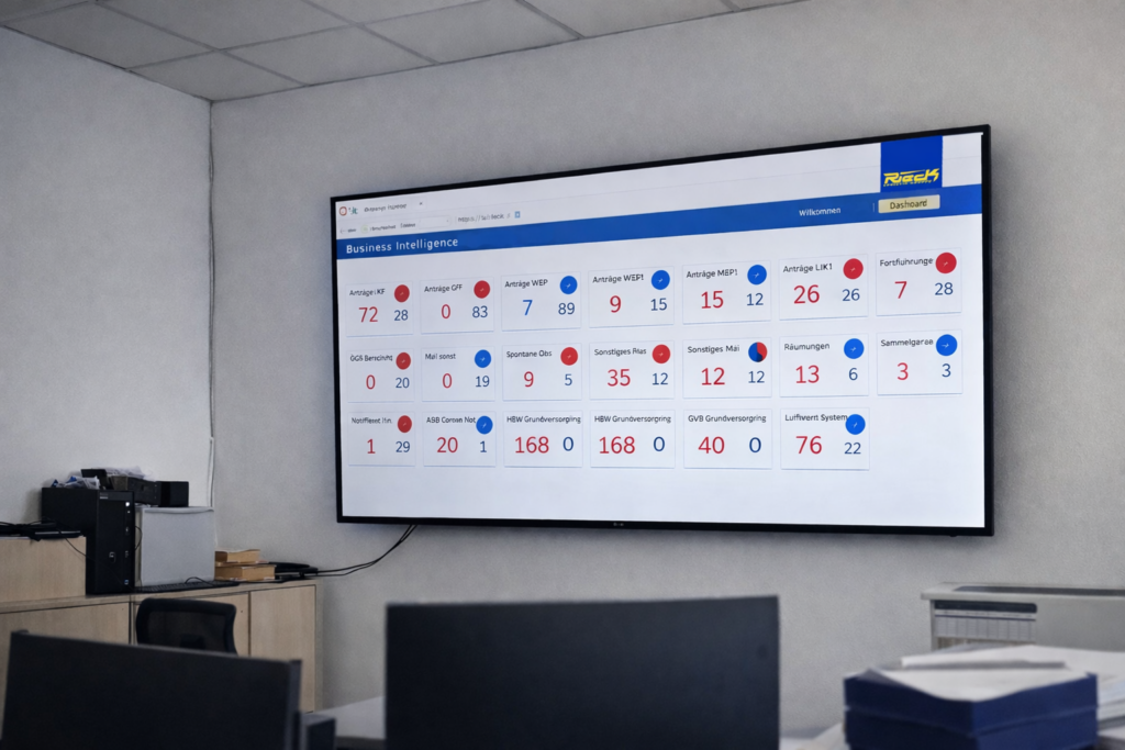 Großer Bildschirm in einem Büro zeigt eine Kalenderübersicht mit verschiedenen farbigen Markierungen.